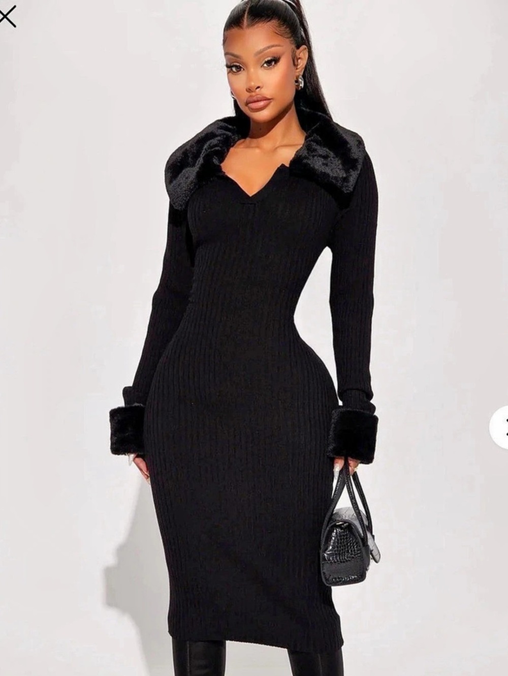 Fashion Nova Faux Fur Sweater Midi Dress Black. Size s NWT